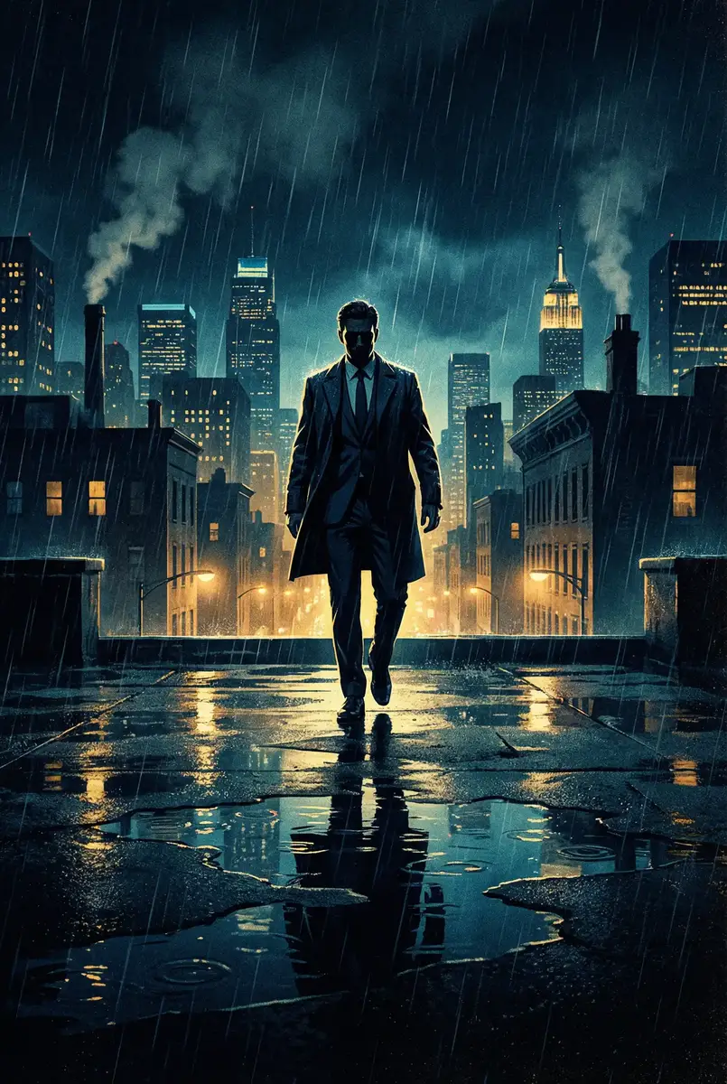 往下边塞葡萄榨果汁 出品影片《雨夜独行者》海报，雨中城市屋顶男性剪影